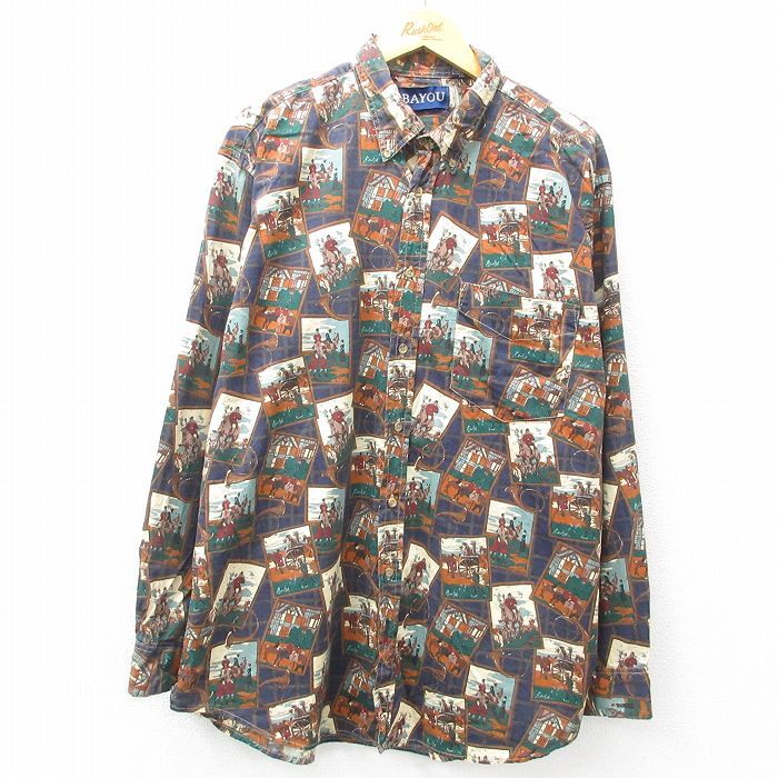 XL★古着 長袖 シャツ メンズ 乗馬 大きいサイズ ロング丈 コットン ボタンダウン 紺他 ネイビー 【spe】 25mar31 中古 トッ拍卖