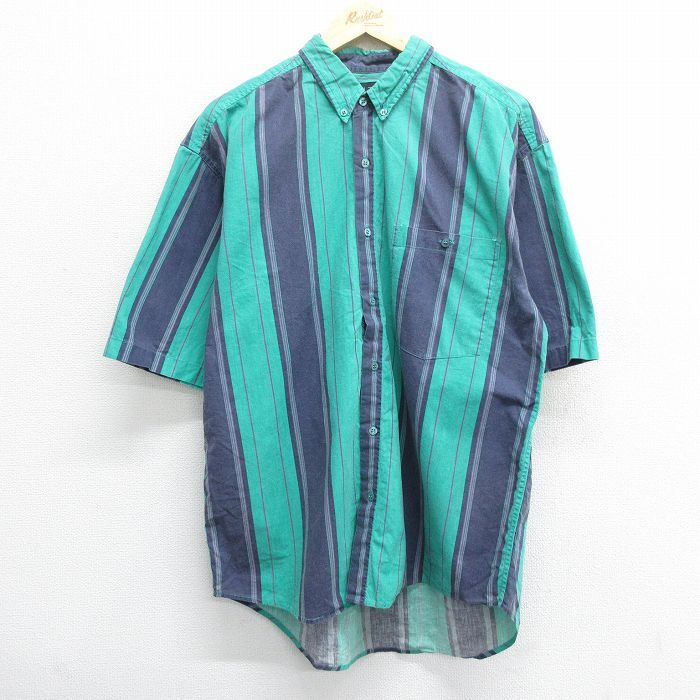 L/古着 半袖 シャツ メンズ 00s コットン ボタンダウン 緑他 グリーン ストライプ 24apr11 中古 トップス拍卖