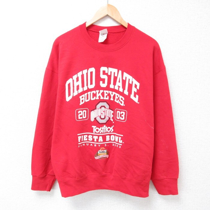 XL/古着 フルーツオブザルーム 長袖 スウェット メンズ 00s オハイオバックアイズ フットボール クルーネック 赤 レッド 23o拍卖