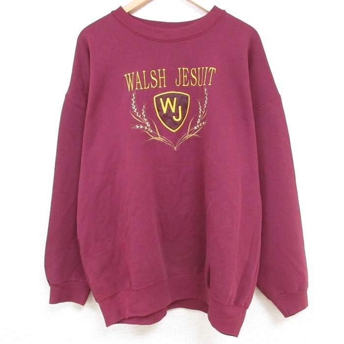 XL/古着 長袖 スウェット メンズ 90s WALSH JESUIT 刺繍 大きいサイズ クルーネック エンジ 23oct26 中古 スエット トレーナ拍卖