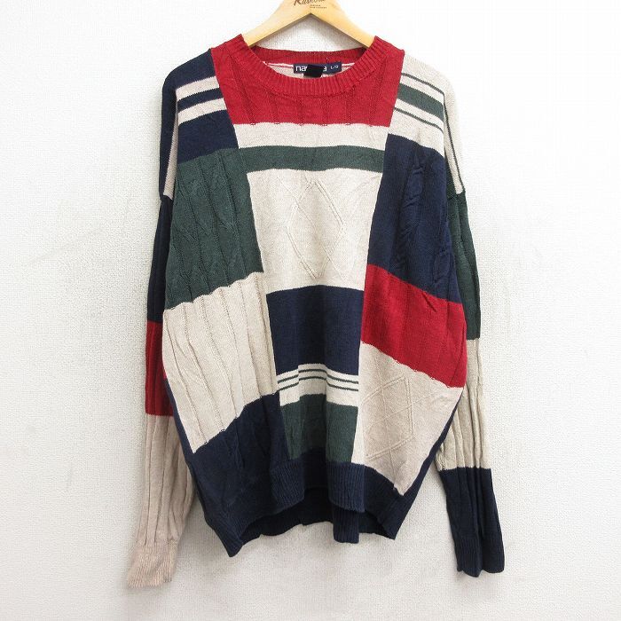XL/古着 ノーティカ 長袖 ブランド セーター メンズ 90s アーガイル 大きいサイズ リネン クルーネック 紺他 ネイビー 24dec拍卖