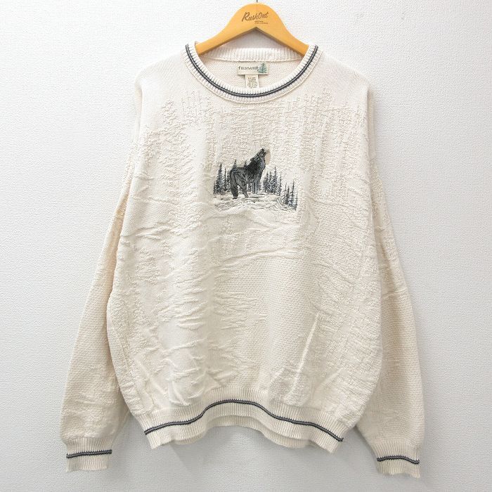 XL/古着 長袖 セーター メンズ 90s オオカミ 刺繍 大きいサイズ コットン クルーネック 生成り 25jan27 中古 ニット トップ拍卖