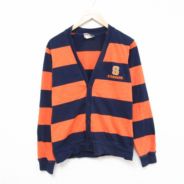 M/古着 長袖 スウェット カーディガン メンズ 00s シラキュース ポリエステル クルーネック 紺他 ネイビー ボーダー 25mar26拍卖