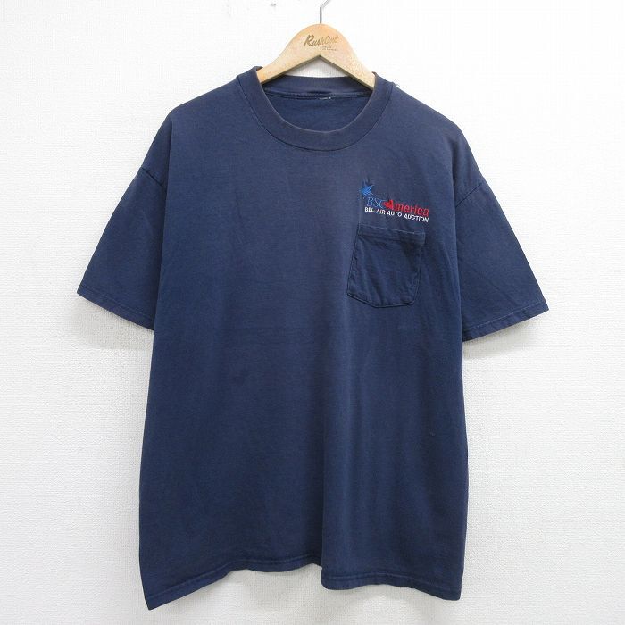 XL/古着 半袖 ビンテージ Tシャツ メンズ 00s BSC America 刺繍 胸ポケット付き 大きいサイズ クルーネック 紺 ネイビー 24m拍卖