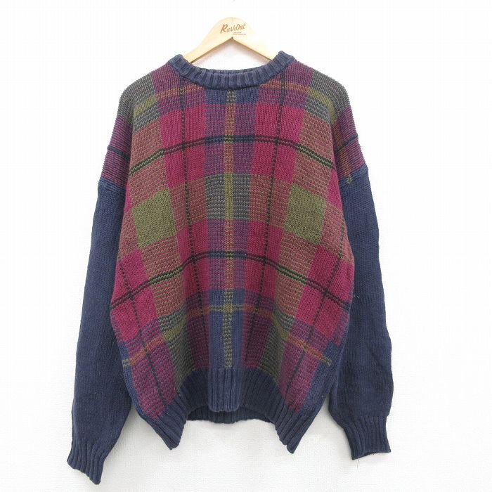 XL/古着 長袖 セーター メンズ 90s 大きいサイズ クルーネック 紺他 ネイビー 24sep26 中古 ニット トップス拍卖