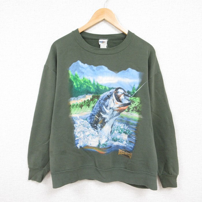L/古着 ジャージーズ 長袖 スウェット メンズ 00s 釣り 魚 クルーネック 緑 グリーン 24jan26 中古 スエット トレーナー ト拍卖