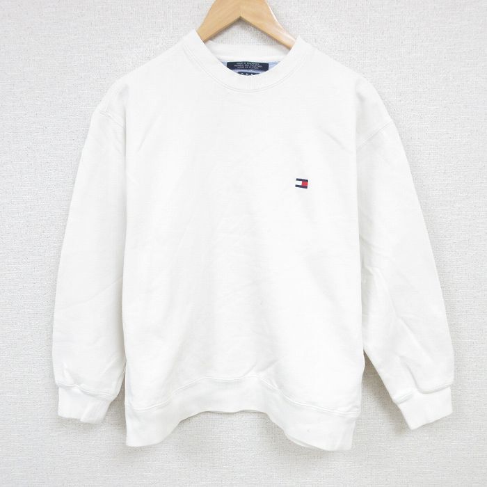 M/古着 トミーヒルフィガー TOMMY HILFIGER 長袖 ブランド スウェット メンズ 90s ワンポイントロゴ クルーネック 白 ホワイ拍卖