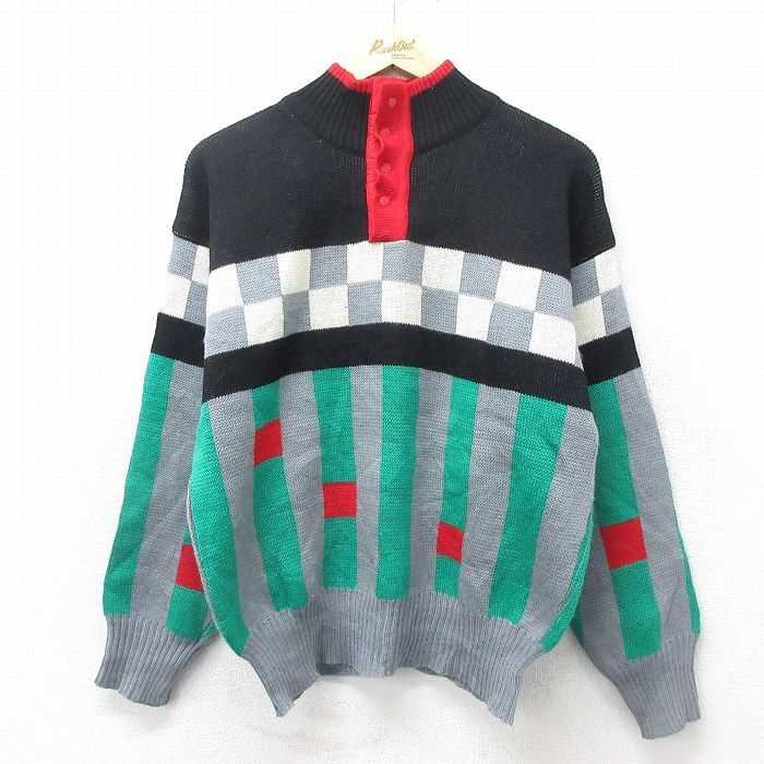 M/古着 長袖 セーター メンズ 80s ウール ハイネック モックネック 黒他 ブラック 24sep26 中古 ニット トップス拍卖