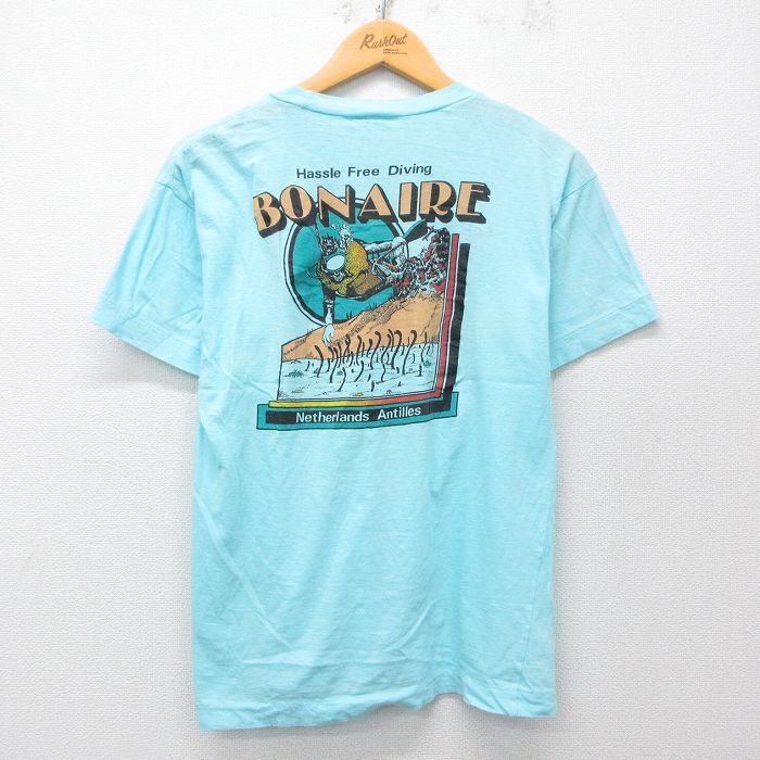 L/古着 半袖 ビンテージ Tシャツ メンズ 90s BONAIRE ダイビング クルーネック 水色 25apr15 中古拍卖