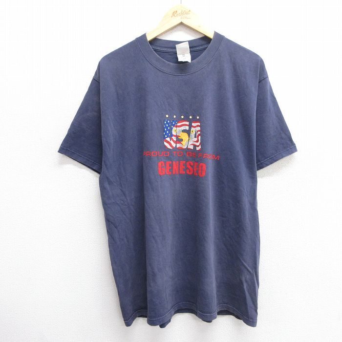 XL/古着 フルーツオブザルーム 半袖 ビンテージ Tシャツ メンズ 00s ジェネセオ USAロゴ コットン クルーネック 紺 ネイビー拍卖