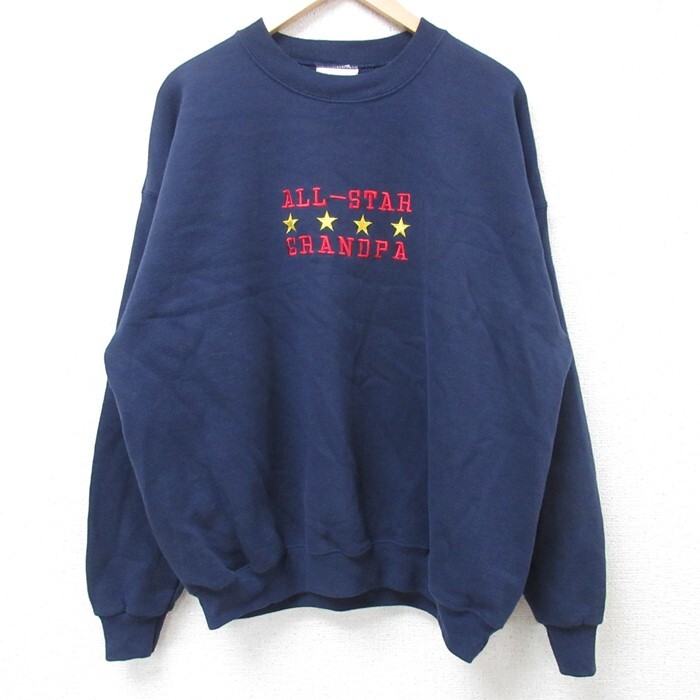 XL/古着 リー Lee 長袖 スウェット メンズ 90s GRANDPA 刺繍 大きいサイズ クルーネック 紺 ネイビー 24aug30 中古 スエット拍卖