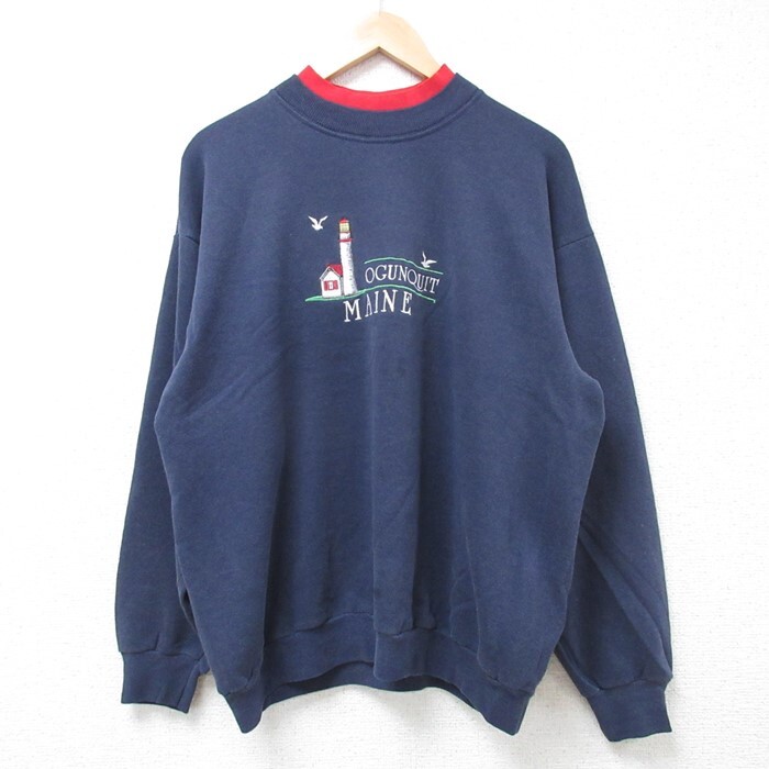 XL/古着 リー Lee 長袖 スウェット メンズ 00s OGUNQUIT MAINE 灯台 刺繍 クルーネック 紺 ネイビー 24aug29 中古 スエット拍卖