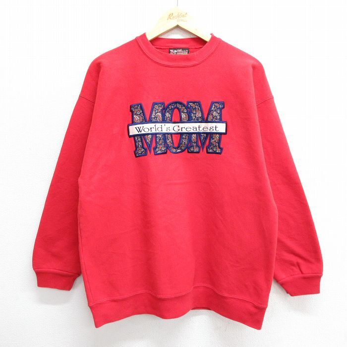 L/古着 長袖 スウェット メンズ 00s MON 刺繍 クルーネック 赤 レッド 24sep09 中古 スエット トレーナー トップス拍卖