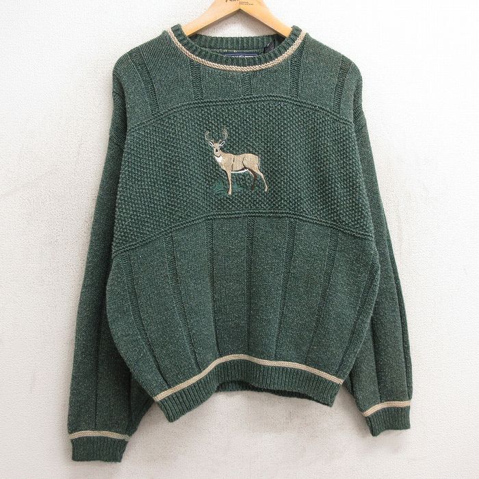 L/古着 バンヒューセン 長袖 セーター メンズ 90s シカ 刺繍 クルーネック 緑 グリーン 24dec28 中古 ニット トップス拍卖