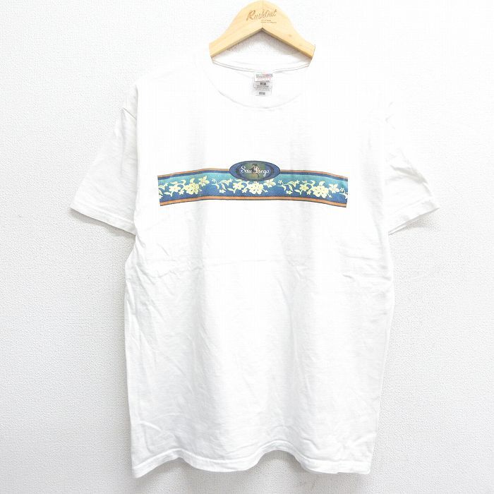 L/古着 フルーツオブザルーム 半袖 ビンテージ Tシャツ メンズ 00s サンディエゴ ハイビスカス コットン クルーネック 白 ホ拍卖