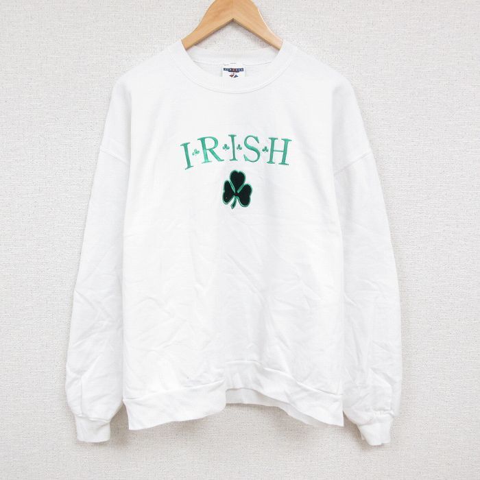 XL/古着 ジャージーズ 長袖 スウェット メンズ 00s アイリッシュ クローバー 刺繍 大きいサイズ クルーネック 白 ホワイト 2拍卖