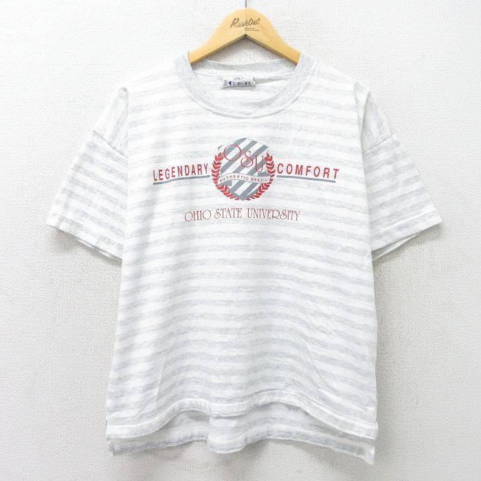 L/古着 半袖 ビンテージ Tシャツ メンズ 90s オハイオ 大学 コットン クルーネック グレー他 ボーダー 24mar06 中古拍卖