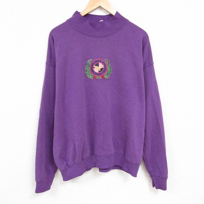 XL/古着 長袖 スウェット メンズ 90s 刺繍 大きいサイズ モックネック ハイネック 紫 パープル 24nov13 中古 スエット トレ拍卖
