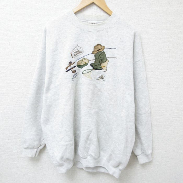 XL/古着 長袖 スウェット メンズ 90s 釣り 刺繍 大きいサイズ クルーネック 薄グレー 霜降り 24sep04 中古 スエット トレー拍卖