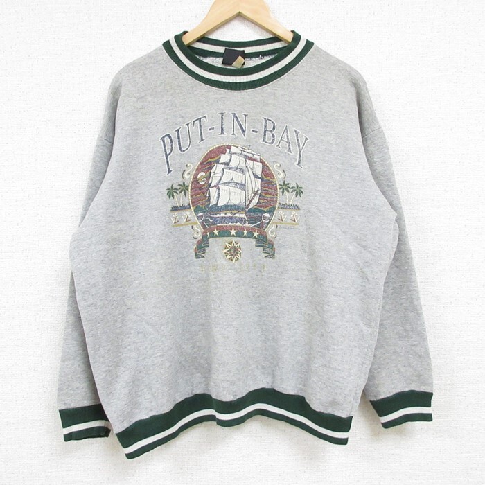L/古着 長袖 スウェット メンズ 00s プットインベイ 船 クルーネック グレー 霜降り 24aug23 中古 スエット トレーナー トッ拍卖