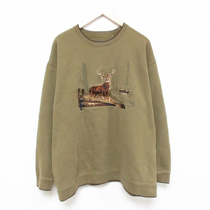 XL/古着 長袖 スウェット メンズ シカ 刺繍 大きいサイズ クルーネック 緑 グリーン 25feb28 中古 スエット トレーナー トッ拍卖