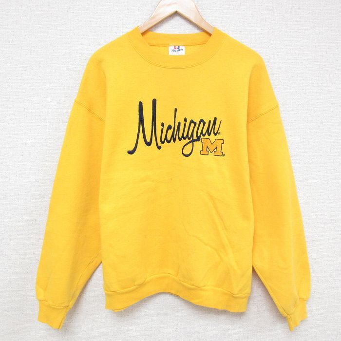 L/古着 長袖 スウェット メンズ 90s ミシガン 刺繍 クルーネック 濃黄 イエロー 25apr10 中古 スエット トレーナー トップス拍卖