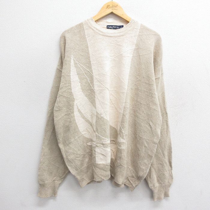 XL/古着 ノーティカ 長袖 セーター メンズ 90s ヨット ツートンカラー クルーネック ベージュ カーキ spe 24oct23 中古 ニッ拍卖