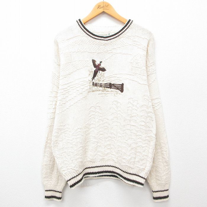 M/古着 長袖 セーター メンズ 90s 鳥 刺繍 コットン クルーネック 白 ホワイト 24sep26 中古 ニット トップス拍卖