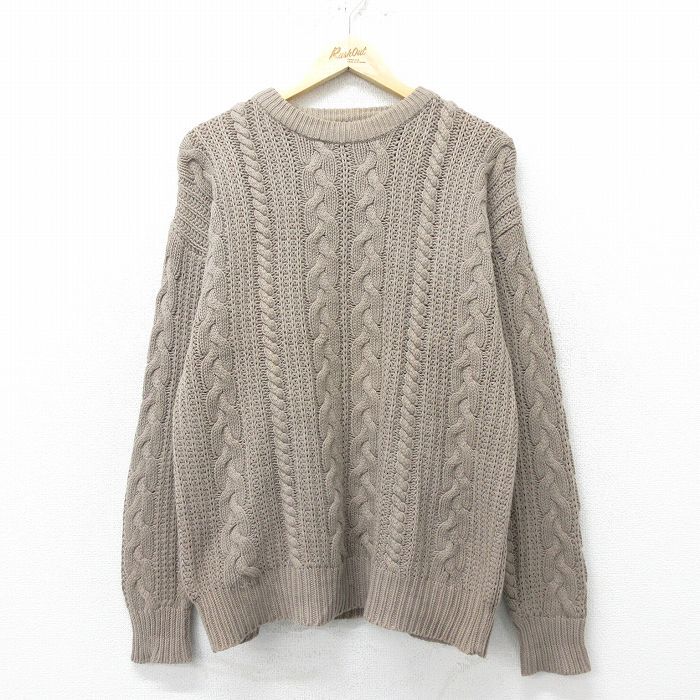 XL/古着 長袖 ケーブル セーター メンズ コットン クルーネック ベージュ カーキ 24sep26 中古 ニット トップス拍卖