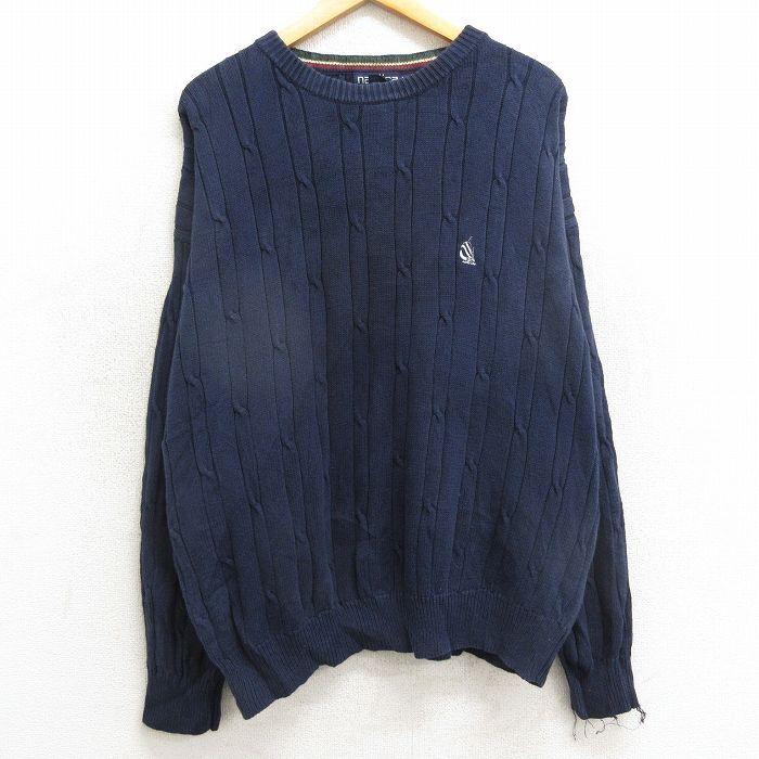 XL/古着 ノーティカ 長袖 ブランド ケーブル セーター メンズ 90s ワンポイントロゴ 大きいサイズ ウール クルーネック 紺拍卖