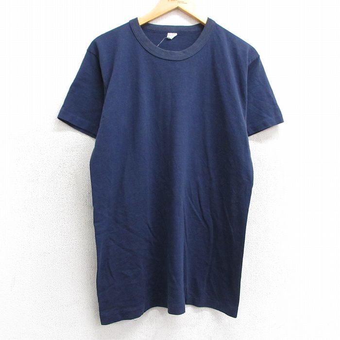 M/古着 半袖 ビンテージ Tシャツ メンズ 80s 無地 クルーネック 紺 ネイビー 25mar29 中古拍卖
