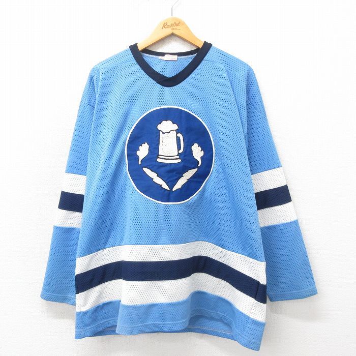 XL/古着 長袖 ビンテージ Tシャツ アイスホッケー ジャージ メンズ 90s ビール 大きいサイズ メッシュ地 Vネック 水色 ユニ拍卖