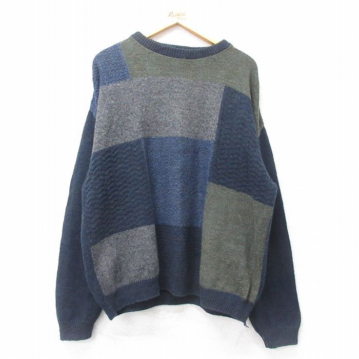 XL/古着 長袖 セーター メンズ 90s 手織り コットン クルーネック 紺他 ネイビー 25jan31 中古 ニット トップス拍卖