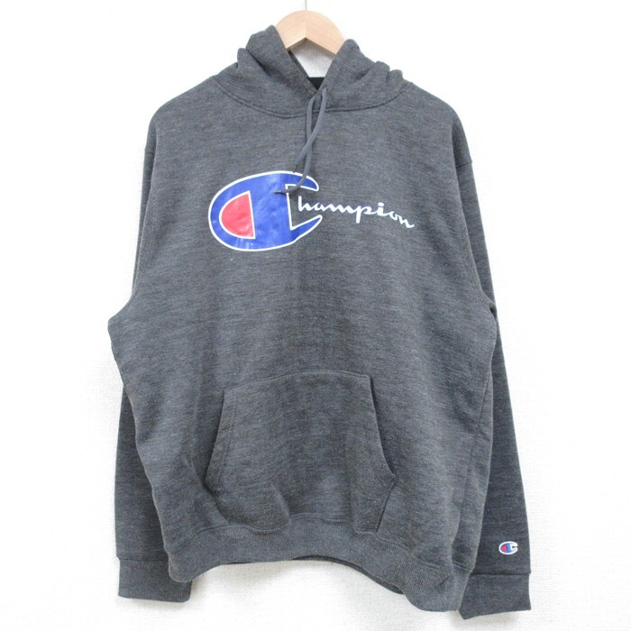 L/古着 チャンピオン Champion 長袖 スウェット パーカー メンズ ビッグロゴ 濃グレー 霜降り 25mar27 中古 スエット トレー拍卖