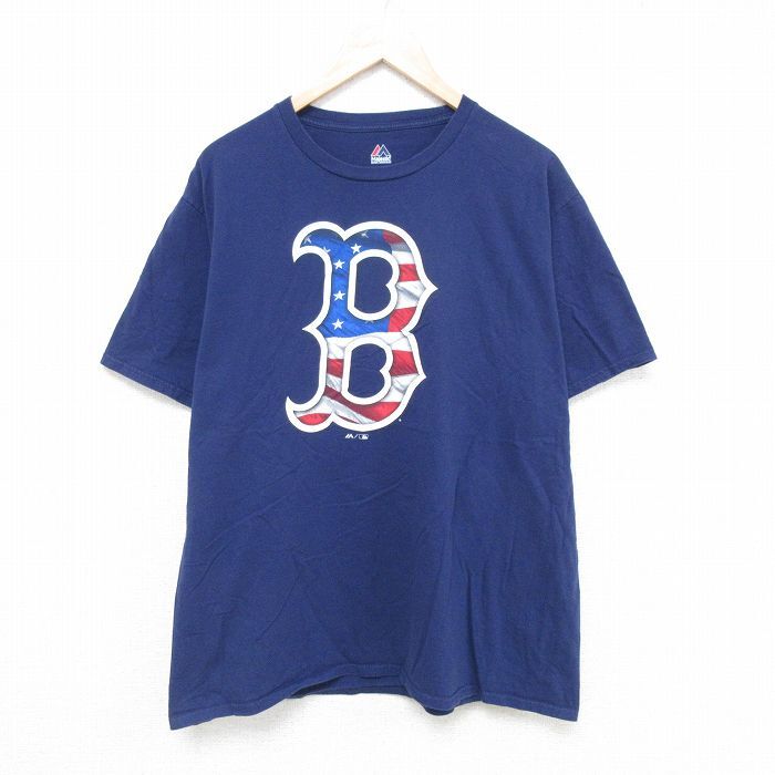 XL/古着 マジェスティック 半袖 Tシャツ メンズ MLB アトランタブレーブス コットン クルーネック 紺 ネイビー メジャーリー拍卖