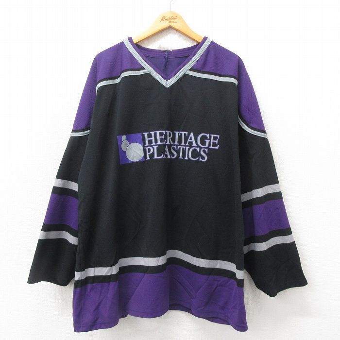 XL/古着 長袖 ビンテージ Tシャツ アイスホッケー ジャージ メンズ 00s ヘリテージ 大きいサイズ ロング丈 メッシュ地 Vネッ拍卖