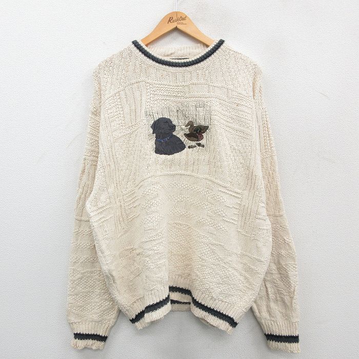 XL/古着 長袖 セーター メンズ 90s 犬 カモ 刺繍 大きいサイズ コットン クルーネック 生成り 24sep30 中古 ニット トップス拍卖