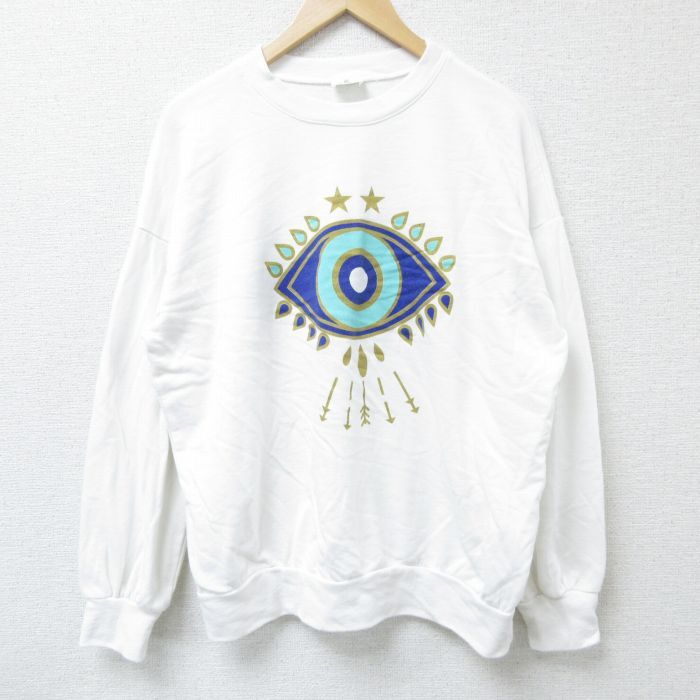 XL/古着 長袖 スウェット メンズ 90s 目 クルーネック 白 ホワイト 25apr08 中古 スエット トレーナー トップス拍卖