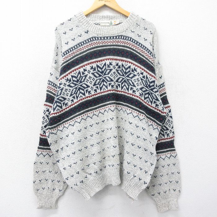 XL/古着 長袖 ノルディック セーター メンズ 90s 雪柄 大きいサイズ コットン クルーネック グレー他 霜降り 23dec26 中古拍卖