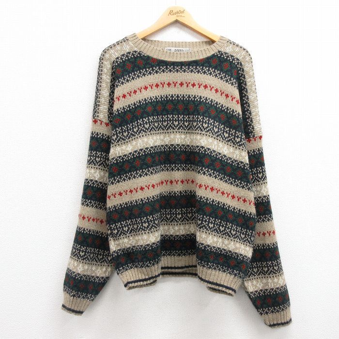XL/古着 長袖 セーター メンズ 90s フェアアイル 大きいサイズ アクリル クルーネック ベージュ他 カーキ 24oct15 中古 ニッ拍卖