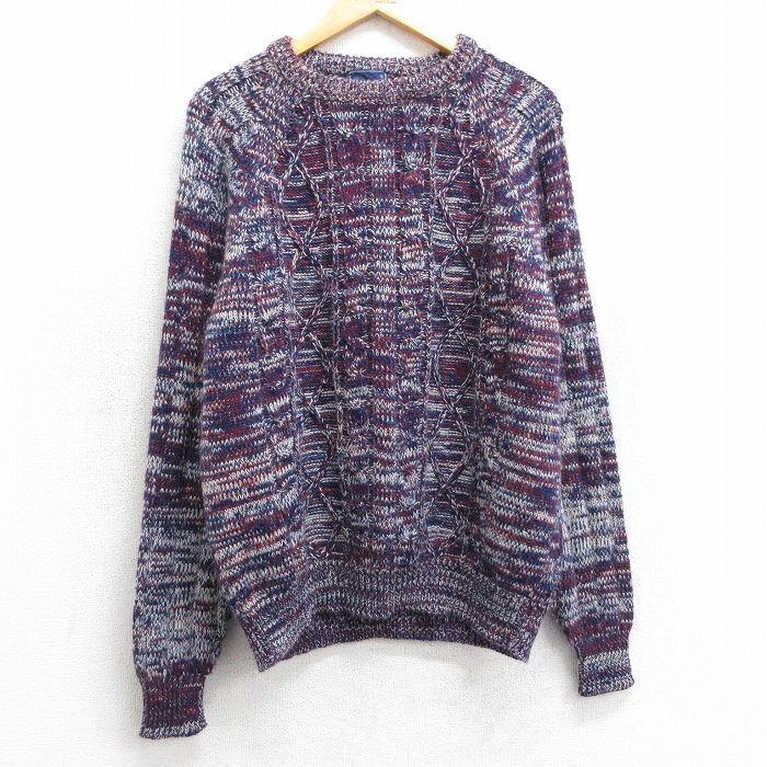 L/古着 長袖 ケーブル セーター メンズ 90s ラグラン アクリル クルーネック エンジ他 25mar10 中古 ニット トップス拍卖