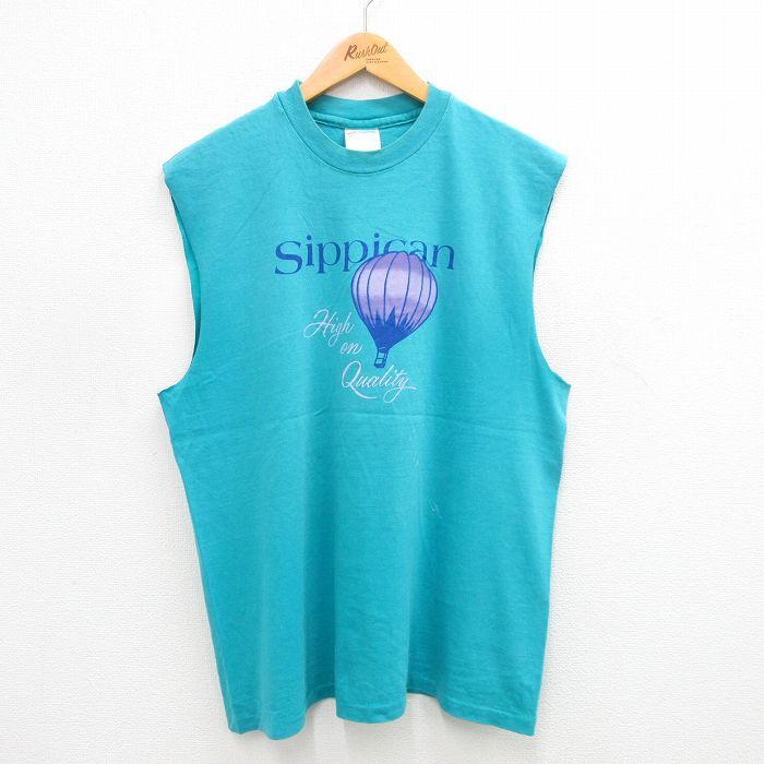 XL/古着 ヘインズ ビンテージ ノースリーブ Tシャツ メンズ 90s 気球 コットン クルーネック 青緑 24jul20 中古拍卖