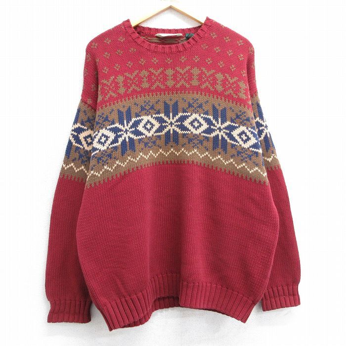 L/古着 長袖 ノルディック セーター メンズ 90s 雪柄 コットン クルーネック 赤他 レッド 25apr01 中古 ニット トップス拍卖