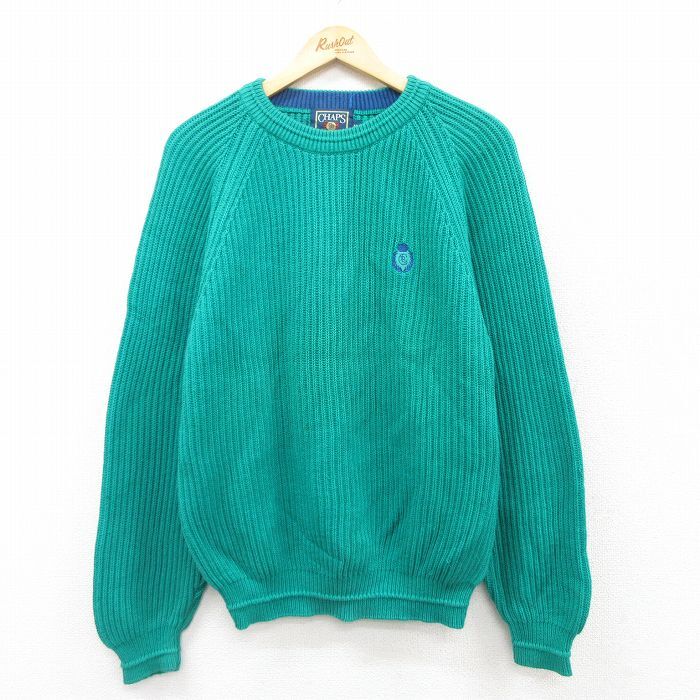 M/古着 ラルフローレン チャップス 長袖 ブランド セーター メンズ 80s ワンポイントロゴ コットン クルーネック 青緑 25mar拍卖
