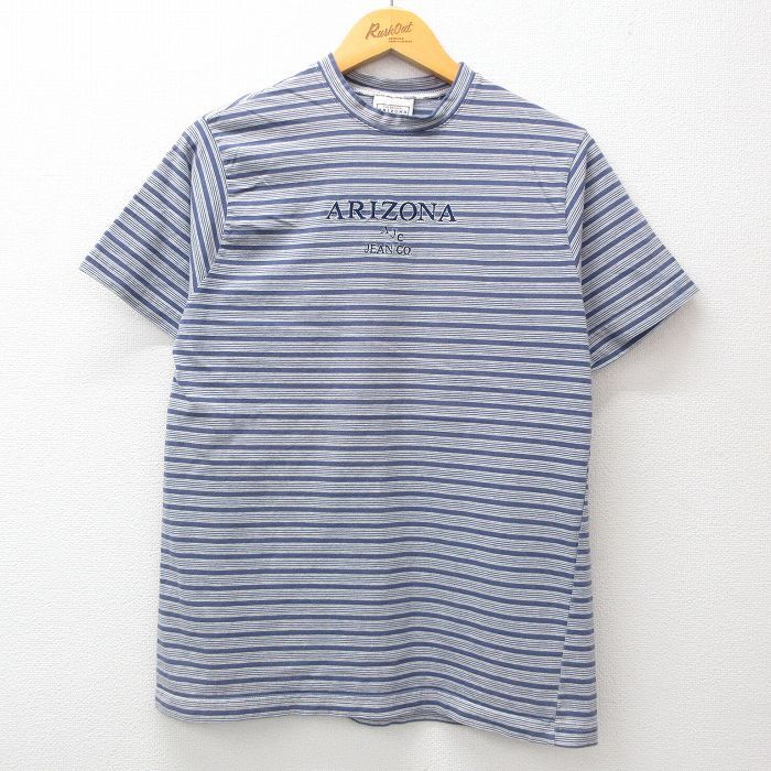 M/古着 アリゾナジーンズ 半袖 ビンテージ Tシャツ メンズ 00s ビッグロゴ 刺繍 クルーネック 紺他 ネイビー ボーダー 24feb拍卖