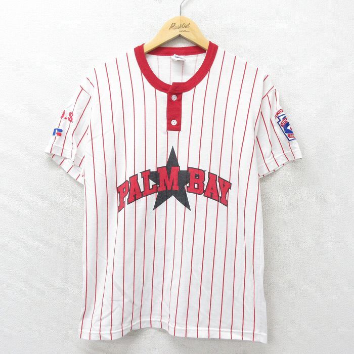 L/古着 ラッセル 半袖 ビンテージ Tシャツ メンズ 00s PALM ヘンリーネック 赤 レッド ストライプ 24aug10 中古拍卖