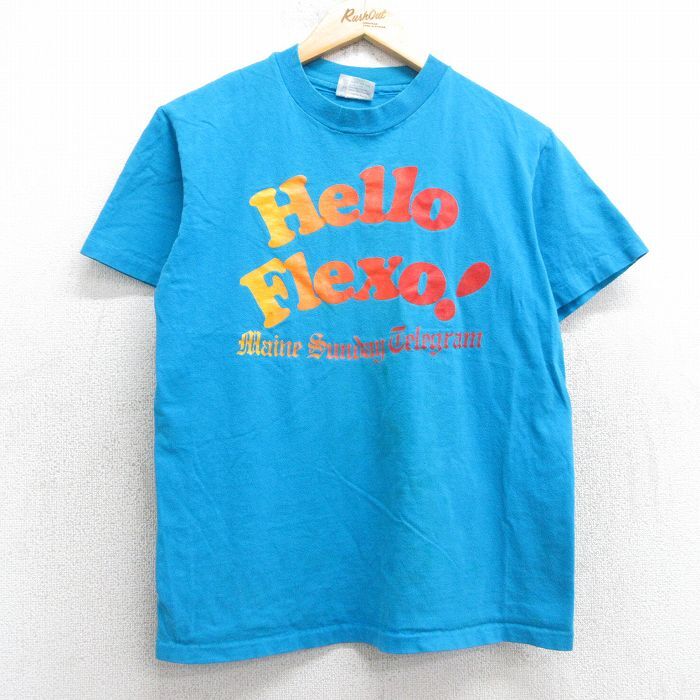 M/古着 ヘインズ 半袖 ビンテージ Tシャツ メンズ 80s Hello Flexo コットン クルーネック 水色 25apr24 中古拍卖