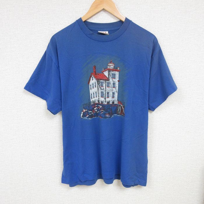 XL/古着 半袖 ビンテージ Tシャツ メンズ 90s 家 クルーネック 薄紺 ネイビー 24jul31 中古拍卖