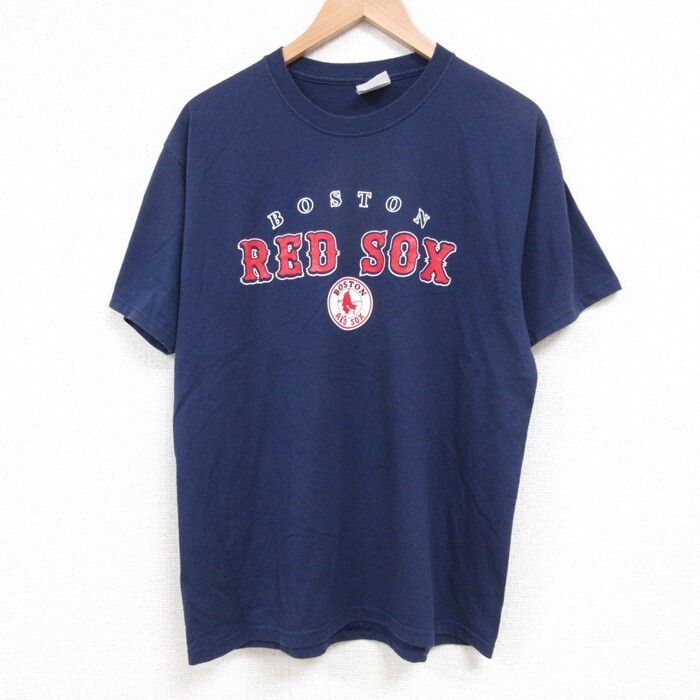 M/古着 ヘインズ 半袖 ビンテージ Tシャツ メンズ 00s MLB ボストンレッドソックス クルーネック 紺 ネイビー メジャーリー拍卖