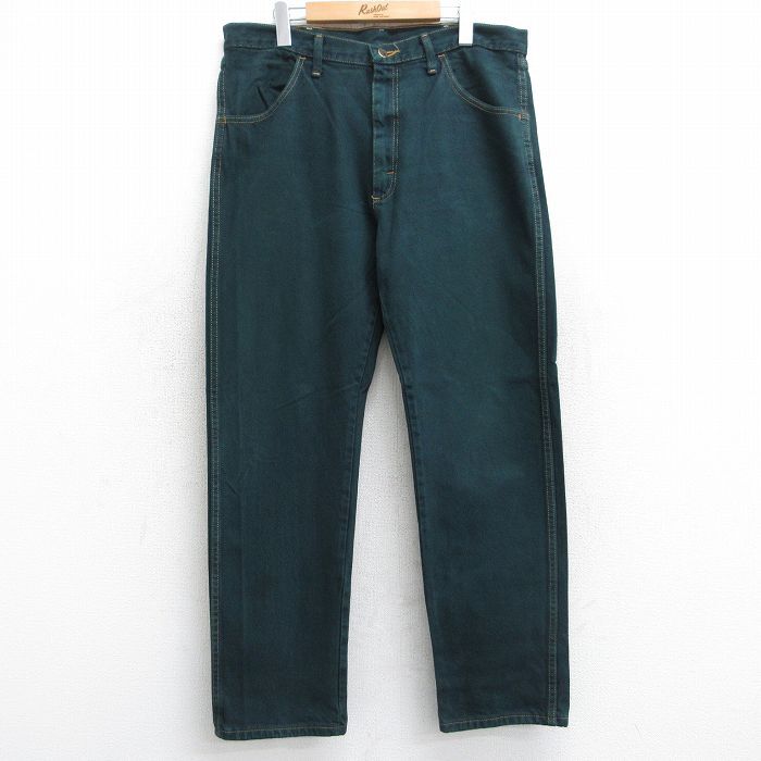 W36/古着 ラスラー ジーンズ メンズ コットン 濃緑 グリーン デニム 25sep12 中古 ボトムス ジーパン Gパン ロング パンツ拍卖